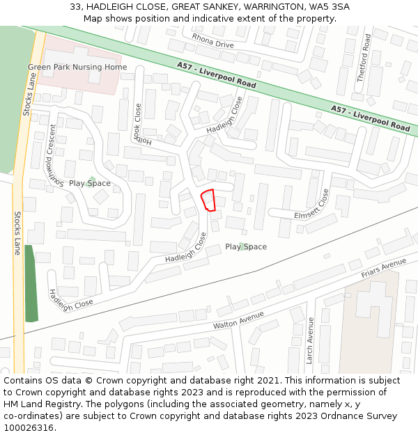 33, HADLEIGH CLOSE, GREAT SANKEY, WARRINGTON, WA5 3SA: Location map and indicative extent of plot