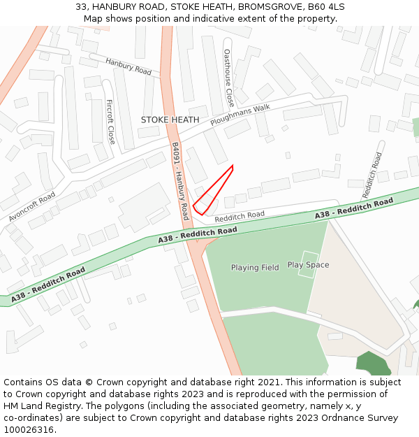 33, HANBURY ROAD, STOKE HEATH, BROMSGROVE, B60 4LS: Location map and indicative extent of plot