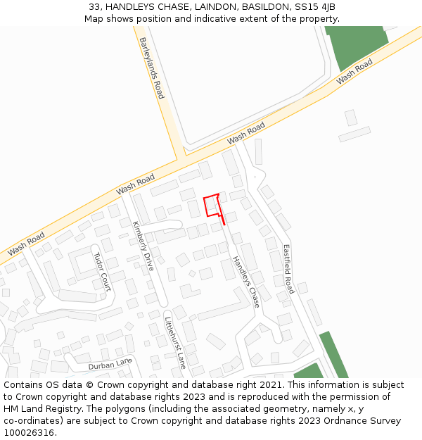 33, HANDLEYS CHASE, LAINDON, BASILDON, SS15 4JB: Location map and indicative extent of plot
