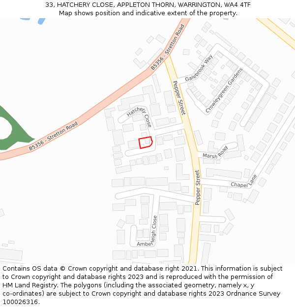 33, HATCHERY CLOSE, APPLETON THORN, WARRINGTON, WA4 4TF: Location map and indicative extent of plot