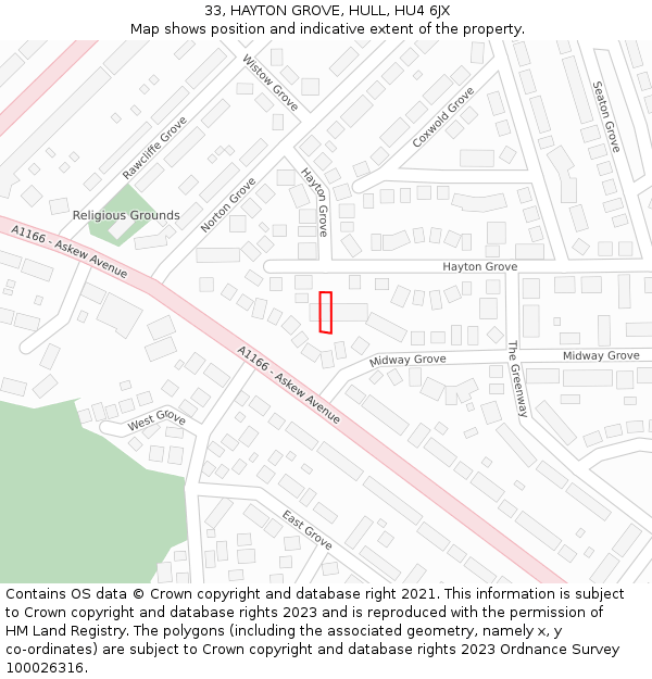 33, HAYTON GROVE, HULL, HU4 6JX: Location map and indicative extent of plot