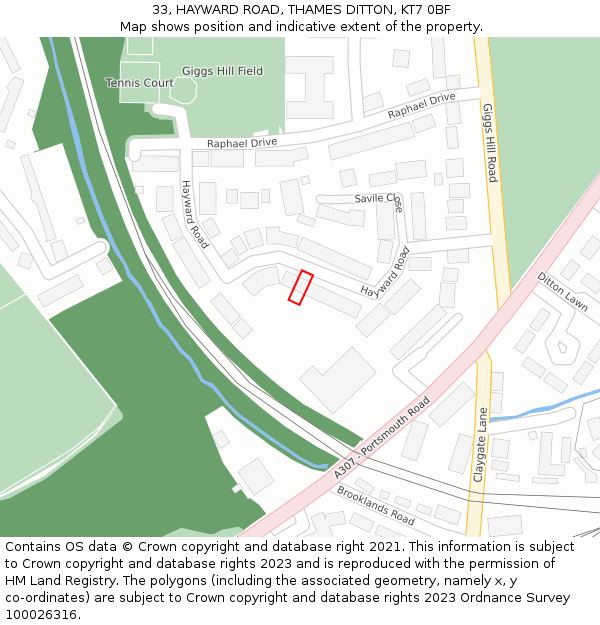 33, HAYWARD ROAD, THAMES DITTON, KT7 0BF: Location map and indicative extent of plot