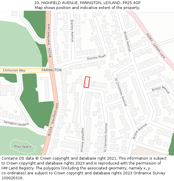 33, HIGHFIELD AVENUE, FARINGTON, LEYLAND, PR25 4GP: Location map and indicative extent of plot