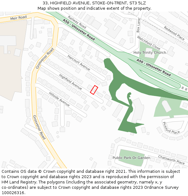 33, HIGHFIELD AVENUE, STOKE-ON-TRENT, ST3 5LZ: Location map and indicative extent of plot