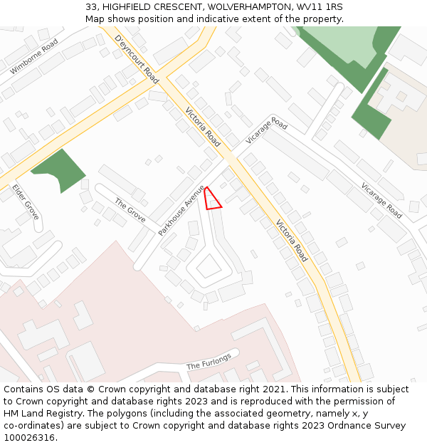 33, HIGHFIELD CRESCENT, WOLVERHAMPTON, WV11 1RS: Location map and indicative extent of plot