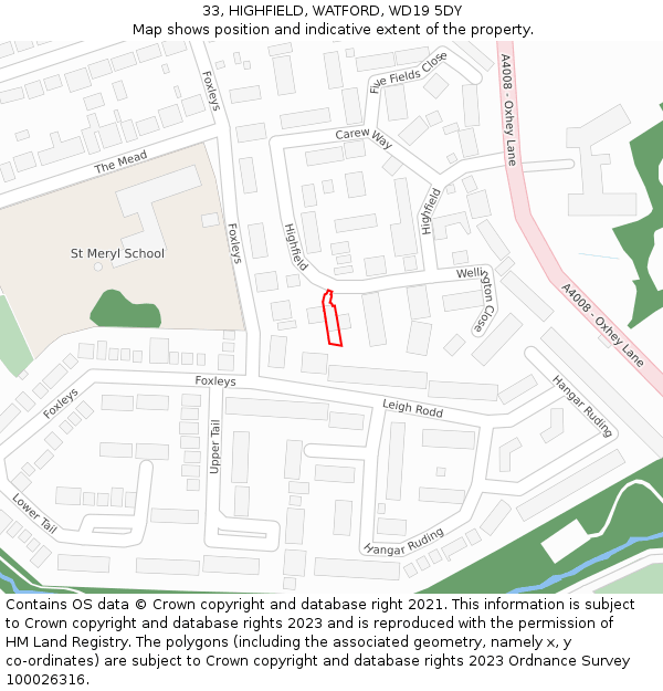 33, HIGHFIELD, WATFORD, WD19 5DY: Location map and indicative extent of plot