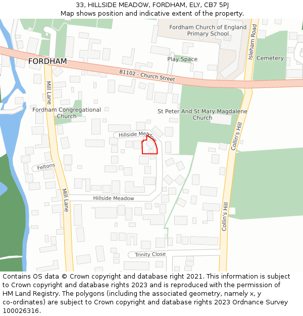 33, HILLSIDE MEADOW, FORDHAM, ELY, CB7 5PJ: Location map and indicative extent of plot