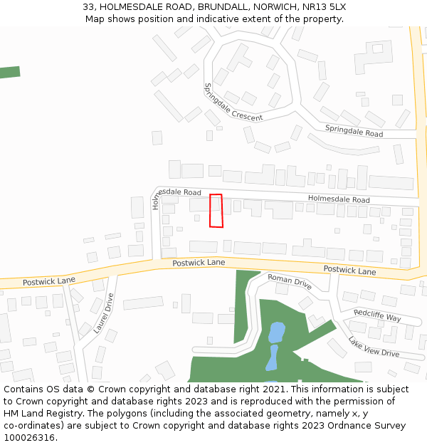 33, HOLMESDALE ROAD, BRUNDALL, NORWICH, NR13 5LX: Location map and indicative extent of plot