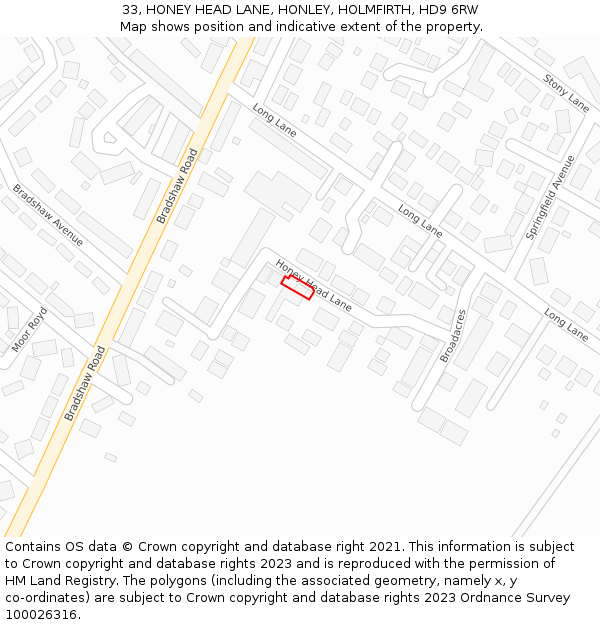 33, HONEY HEAD LANE, HONLEY, HOLMFIRTH, HD9 6RW: Location map and indicative extent of plot