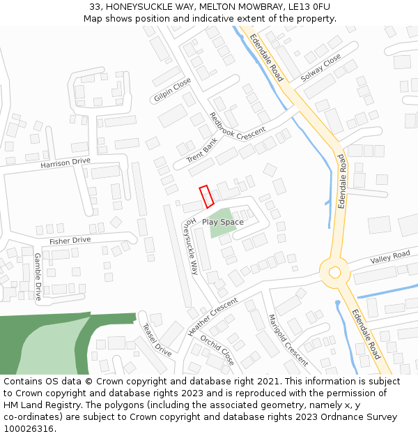 33, HONEYSUCKLE WAY, MELTON MOWBRAY, LE13 0FU: Location map and indicative extent of plot