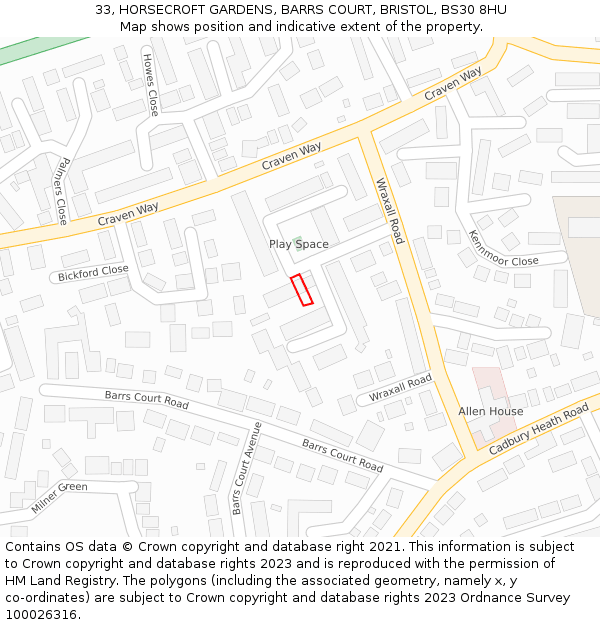 33, HORSECROFT GARDENS, BARRS COURT, BRISTOL, BS30 8HU: Location map and indicative extent of plot