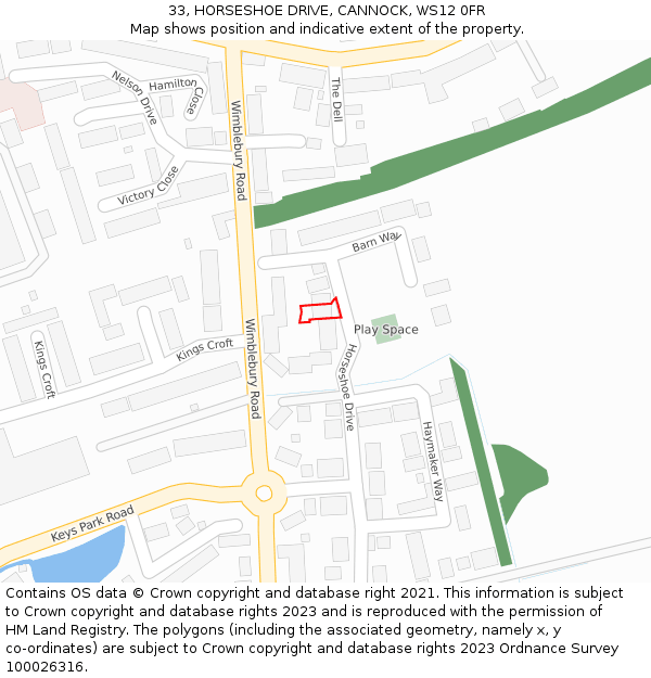 33, HORSESHOE DRIVE, CANNOCK, WS12 0FR: Location map and indicative extent of plot