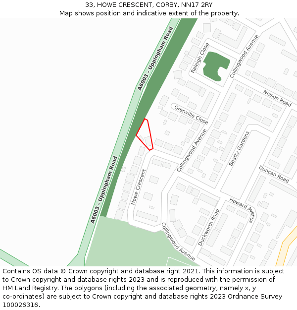 33, HOWE CRESCENT, CORBY, NN17 2RY: Location map and indicative extent of plot