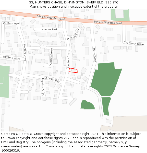 33, HUNTERS CHASE, DINNINGTON, SHEFFIELD, S25 2TQ: Location map and indicative extent of plot