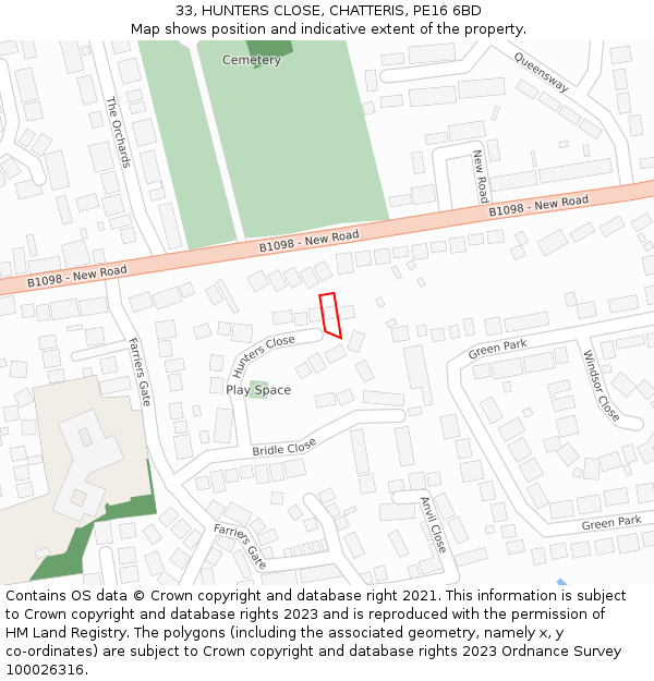33, HUNTERS CLOSE, CHATTERIS, PE16 6BD: Location map and indicative extent of plot