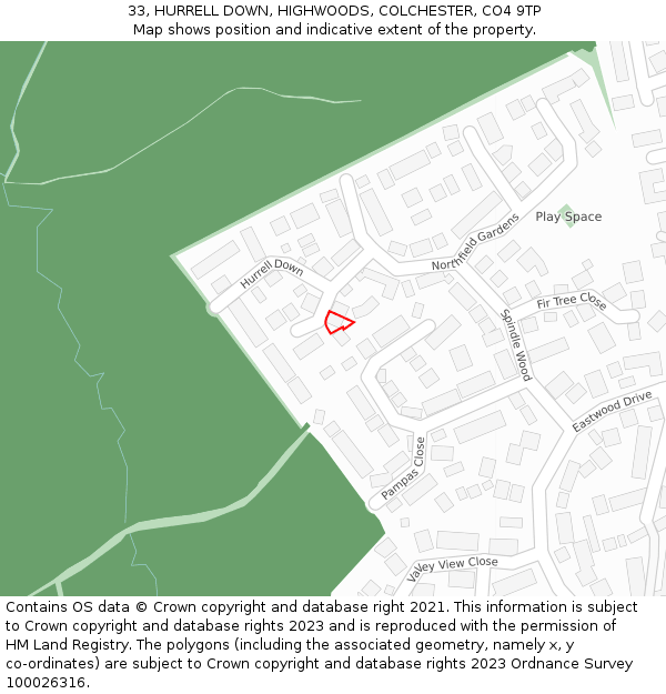 33, HURRELL DOWN, HIGHWOODS, COLCHESTER, CO4 9TP: Location map and indicative extent of plot