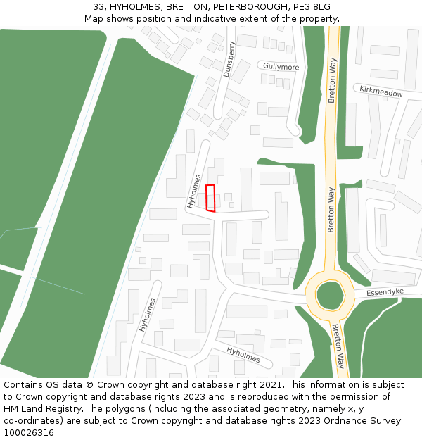 33, HYHOLMES, BRETTON, PETERBOROUGH, PE3 8LG: Location map and indicative extent of plot