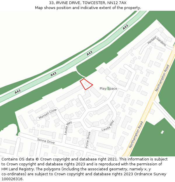 33, IRVINE DRIVE, TOWCESTER, NN12 7AX: Location map and indicative extent of plot