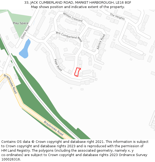 33, JACK CUMBERLAND ROAD, MARKET HARBOROUGH, LE16 8GF: Location map and indicative extent of plot