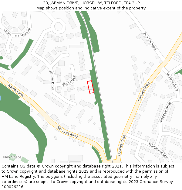 33, JARMAN DRIVE, HORSEHAY, TELFORD, TF4 3UP: Location map and indicative extent of plot
