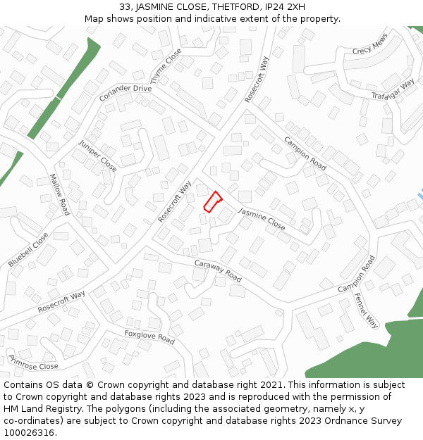 33, JASMINE CLOSE, THETFORD, IP24 2XH: Location map and indicative extent of plot