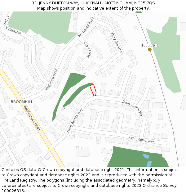 33, JENNY BURTON WAY, HUCKNALL, NOTTINGHAM, NG15 7QS: Location map and indicative extent of plot