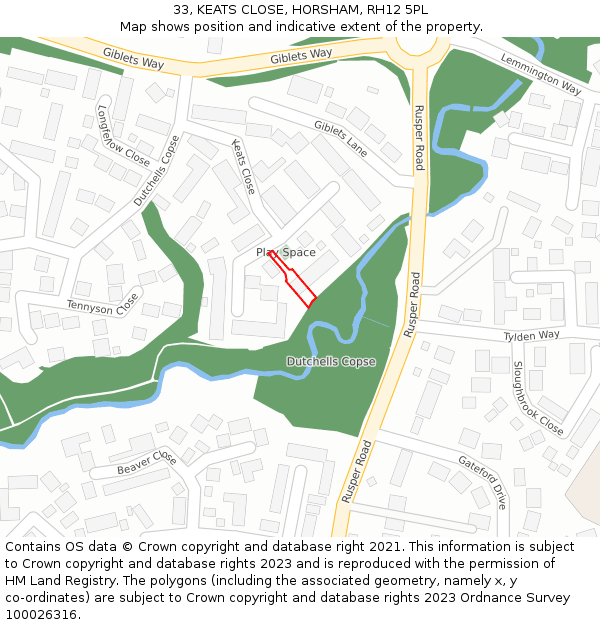 33, KEATS CLOSE, HORSHAM, RH12 5PL: Location map and indicative extent of plot