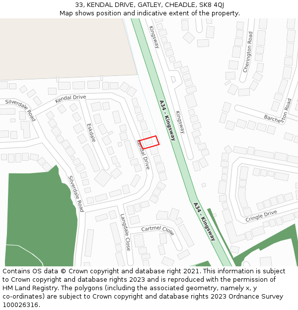 33, KENDAL DRIVE, GATLEY, CHEADLE, SK8 4QJ: Location map and indicative extent of plot