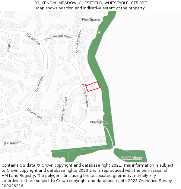 33, KENDAL MEADOW, CHESTFIELD, WHITSTABLE, CT5 3PZ: Location map and indicative extent of plot