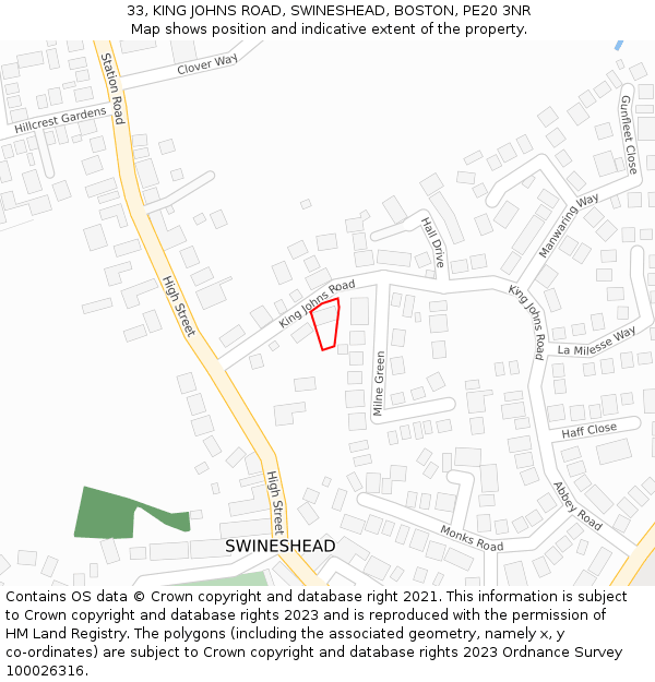 33, KING JOHNS ROAD, SWINESHEAD, BOSTON, PE20 3NR: Location map and indicative extent of plot