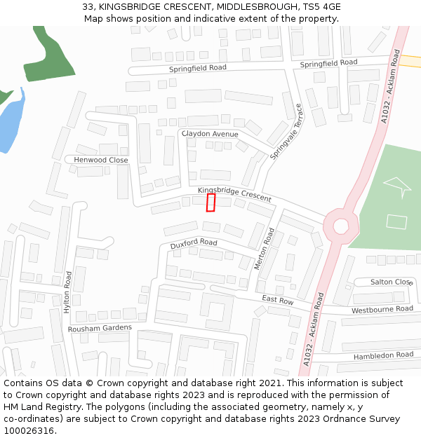 33, KINGSBRIDGE CRESCENT, MIDDLESBROUGH, TS5 4GE: Location map and indicative extent of plot