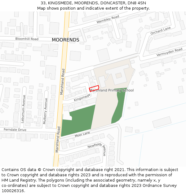 33, KINGSMEDE, MOORENDS, DONCASTER, DN8 4SN: Location map and indicative extent of plot