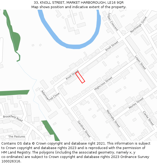 33, KNOLL STREET, MARKET HARBOROUGH, LE16 9QR: Location map and indicative extent of plot
