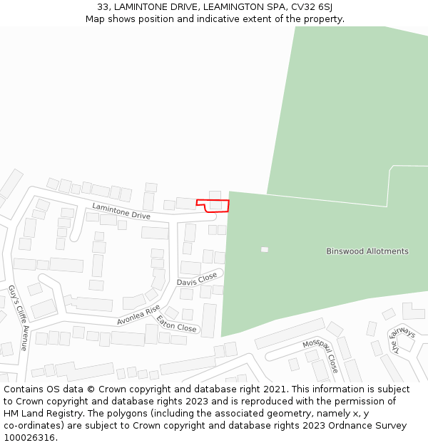 33, LAMINTONE DRIVE, LEAMINGTON SPA, CV32 6SJ: Location map and indicative extent of plot