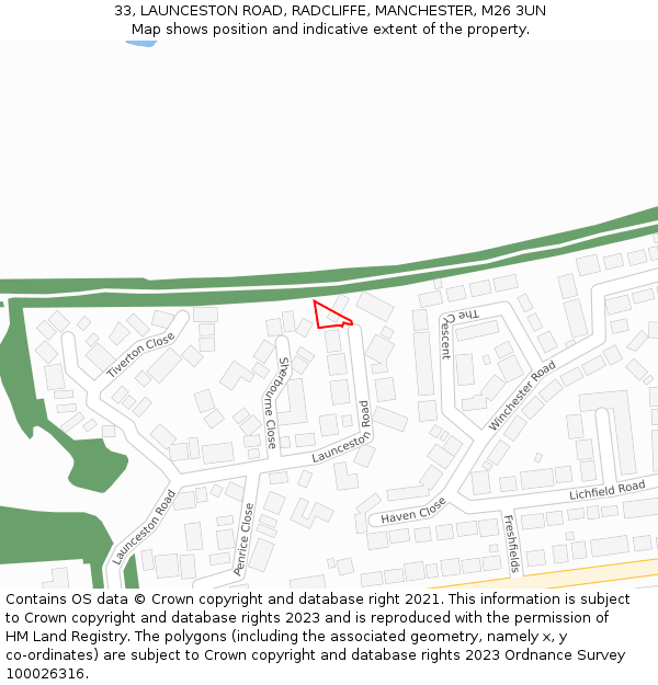 33, LAUNCESTON ROAD, RADCLIFFE, MANCHESTER, M26 3UN: Location map and indicative extent of plot