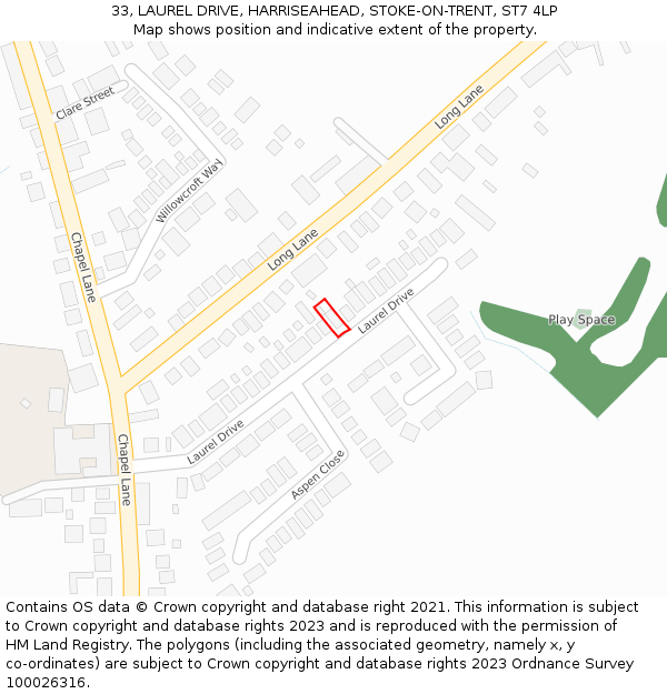 33, LAUREL DRIVE, HARRISEAHEAD, STOKE-ON-TRENT, ST7 4LP: Location map and indicative extent of plot