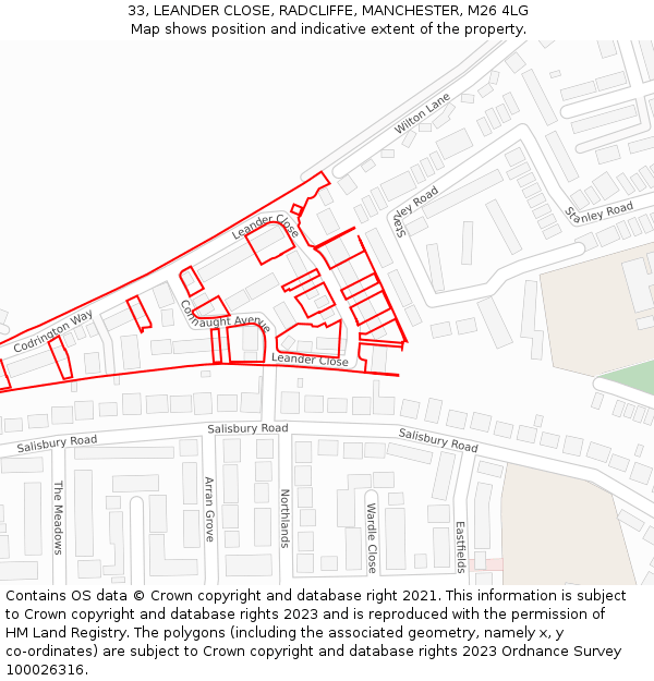 33, LEANDER CLOSE, RADCLIFFE, MANCHESTER, M26 4LG: Location map and indicative extent of plot