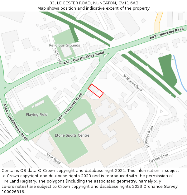 33, LEICESTER ROAD, NUNEATON, CV11 6AB: Location map and indicative extent of plot