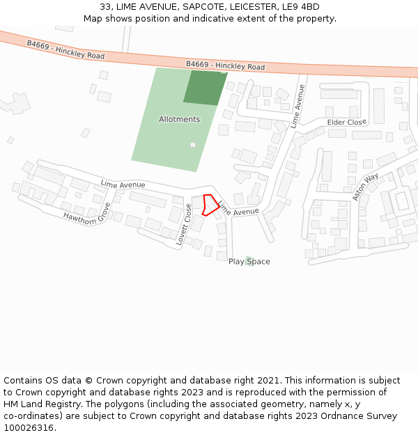 33, LIME AVENUE, SAPCOTE, LEICESTER, LE9 4BD: Location map and indicative extent of plot