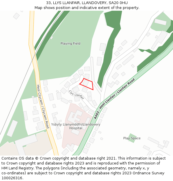 33, LLYS LLANFAIR, LLANDOVERY, SA20 0HU: Location map and indicative extent of plot