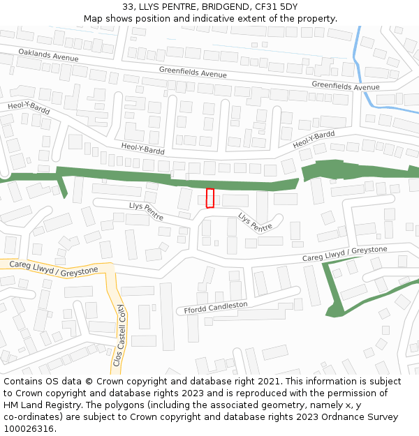 33, LLYS PENTRE, BRIDGEND, CF31 5DY: Location map and indicative extent of plot