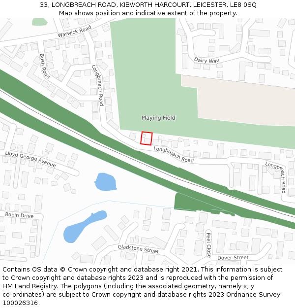 33, LONGBREACH ROAD, KIBWORTH HARCOURT, LEICESTER, LE8 0SQ: Location map and indicative extent of plot