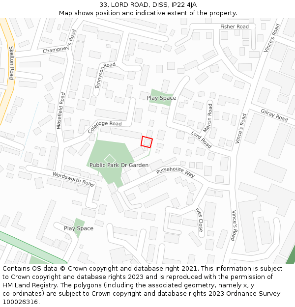 33, LORD ROAD, DISS, IP22 4JA: Location map and indicative extent of plot