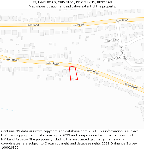 33, LYNN ROAD, GRIMSTON, KING'S LYNN, PE32 1AB: Location map and indicative extent of plot