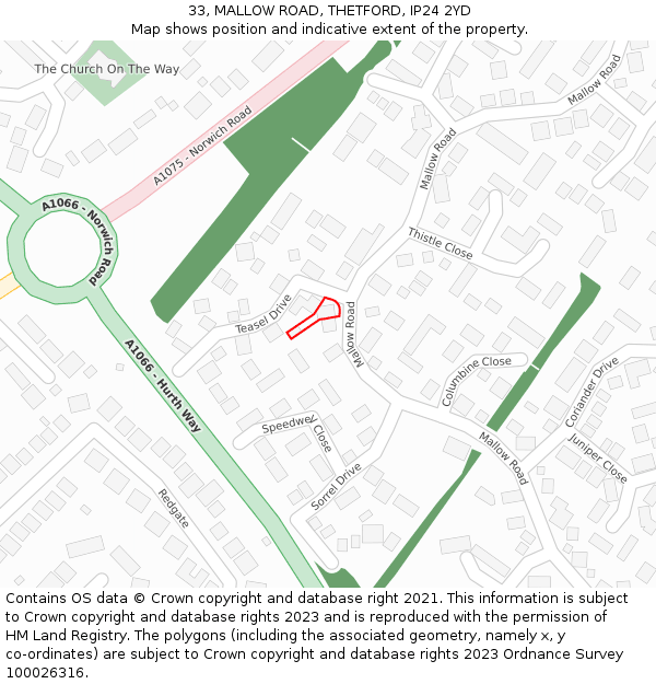 33, MALLOW ROAD, THETFORD, IP24 2YD: Location map and indicative extent of plot