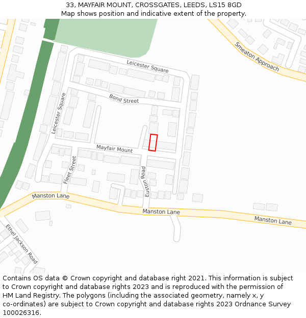 33, MAYFAIR MOUNT, CROSSGATES, LEEDS, LS15 8GD: Location map and indicative extent of plot