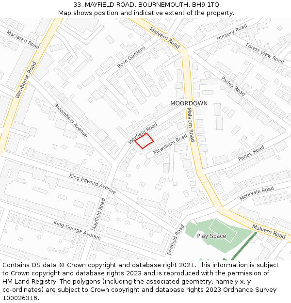 33, MAYFIELD ROAD, BOURNEMOUTH, BH9 1TQ: Location map and indicative extent of plot