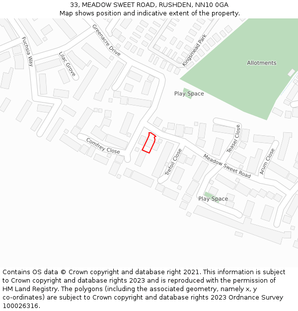 33, MEADOW SWEET ROAD, RUSHDEN, NN10 0GA: Location map and indicative extent of plot