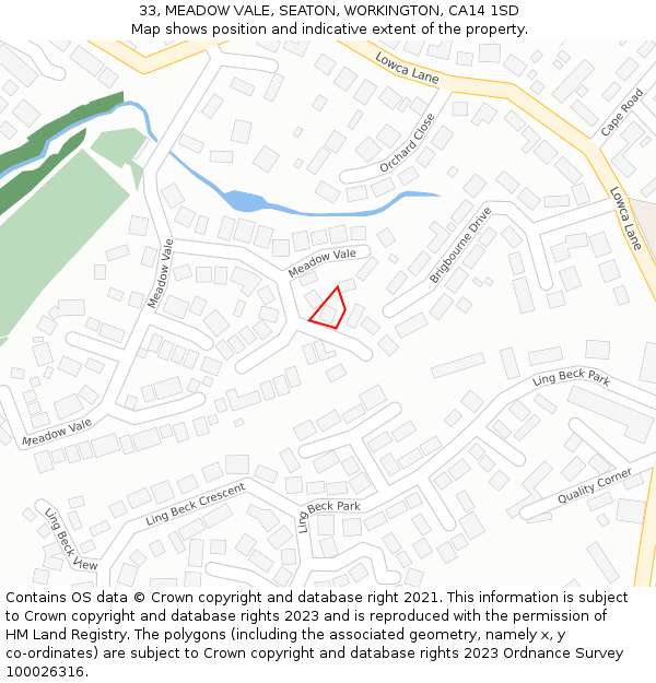 33, MEADOW VALE, SEATON, WORKINGTON, CA14 1SD: Location map and indicative extent of plot