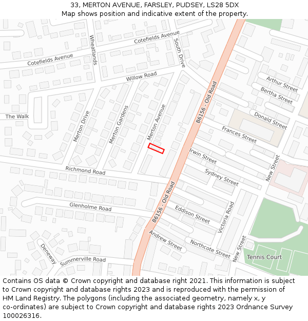 33, MERTON AVENUE, FARSLEY, PUDSEY, LS28 5DX: Location map and indicative extent of plot